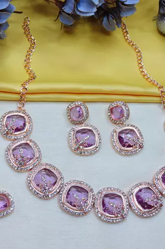 Purple rose gold premium designer american diamond and stone work necklace set