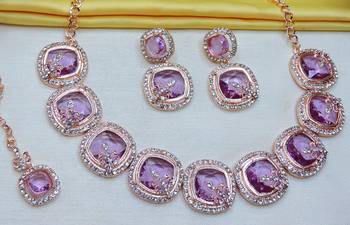 Purple rose gold premium designer american diamond and stone work necklace set 3