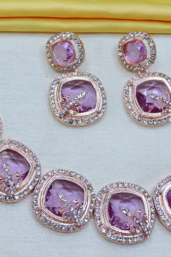 Purple rose gold premium designer american diamond and stone work necklace set