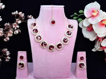 Maroon rose gold premium designer american diamond and stone work necklace set 1