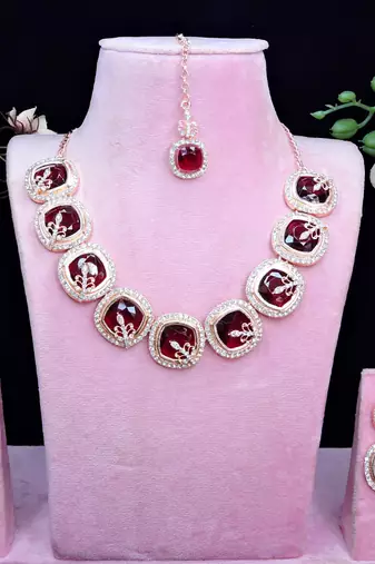 Maroon rose gold premium designer american diamond and stone work necklace set