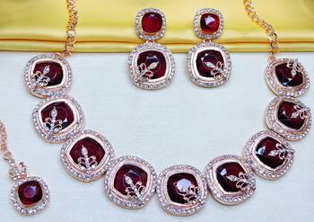 Maroon rose gold premium designer american diamond and stone work necklace set 2