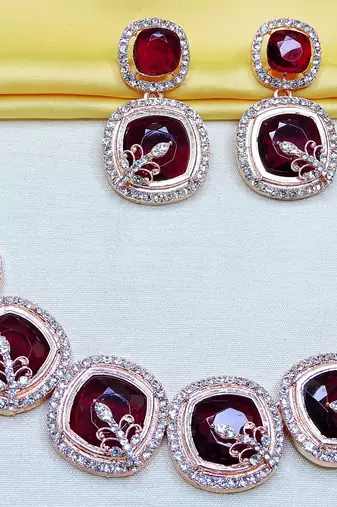Maroon rose gold premium designer american diamond and stone work necklace set