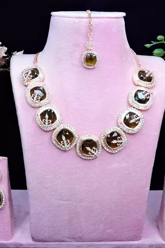 Green rose gold premium designer american diamond and stone work necklace set