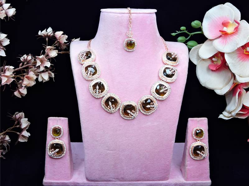 Green rose gold premium designer american diamond and stone work necklace set