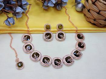 Green rose gold premium designer american diamond and stone work necklace set 2