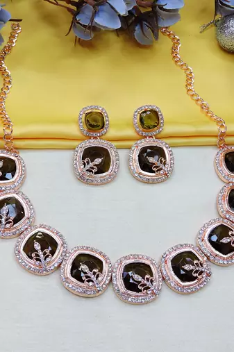 Green rose gold premium designer american diamond and stone work necklace set