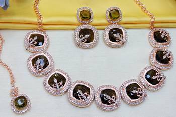 Green rose gold premium designer american diamond and stone work necklace set 3