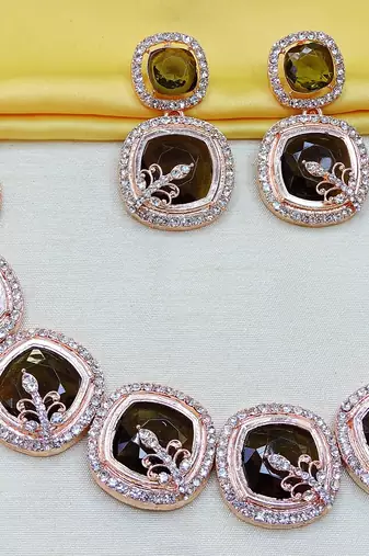 Green rose gold premium designer american diamond and stone work necklace set