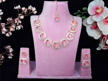 Pink rose gold premium designer american diamond and stone work necklace set 1