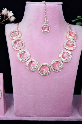 Pink rose gold premium designer american diamond and stone work necklace set