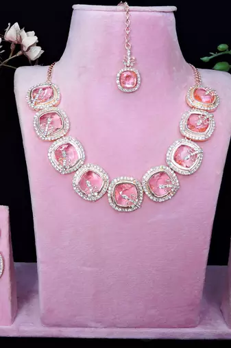 Pink rose gold premium designer american diamond and stone work necklace set
