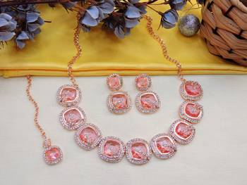 Pink rose gold premium designer american diamond and stone work necklace set 2