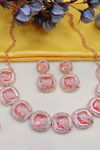 Pink rose gold premium designer american diamond and stone work necklace set