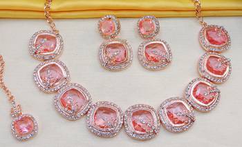 Pink rose gold premium designer american diamond and stone work necklace set 3