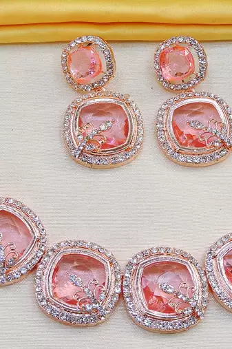 Pink rose gold premium designer american diamond and stone work necklace set