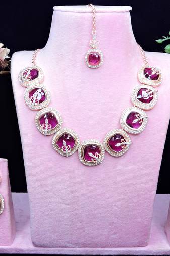 Purple rose gold premium designer american diamond and stone work necklace set