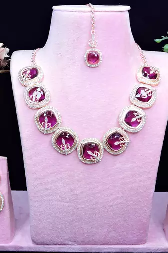 Purple rose gold premium designer american diamond and stone work necklace set