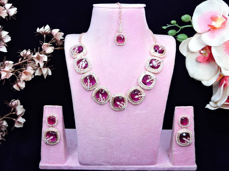 Purple rose gold premium designer american diamond and stone work necklace set