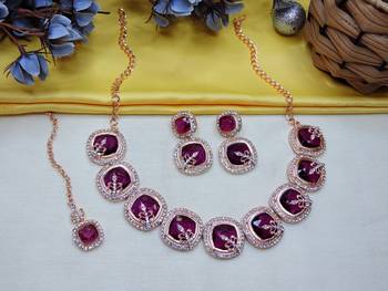 Purple rose gold premium designer american diamond and stone work necklace set 2