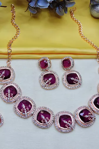 Purple rose gold premium designer american diamond and stone work necklace set