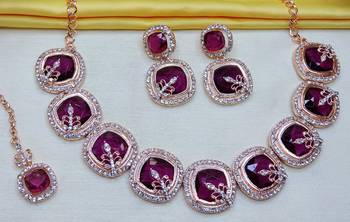 Purple rose gold premium designer american diamond and stone work necklace set 3