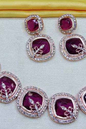 Purple rose gold premium designer american diamond and stone work necklace set