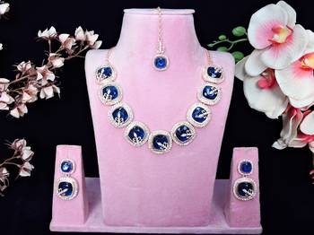 Blue rose gold premium designer american diamond and stone work necklace set 1