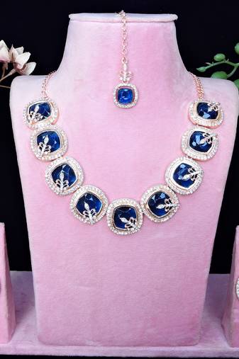 Blue rose gold premium designer american diamond and stone work necklace set