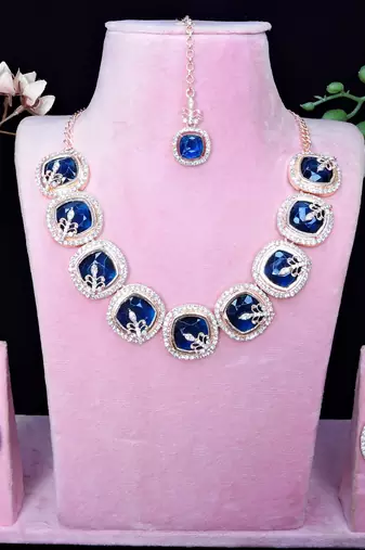 Blue rose gold premium designer american diamond and stone work necklace set