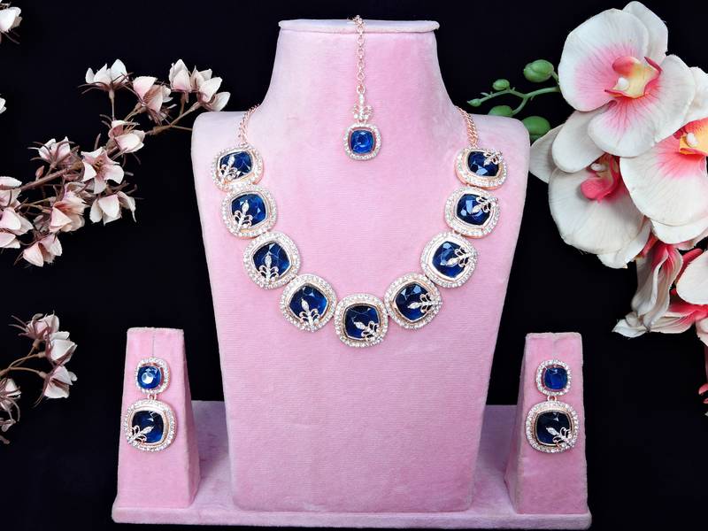 Blue rose gold premium designer american diamond and stone work necklace set