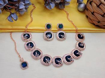 Blue rose gold premium designer american diamond and stone work necklace set 2