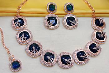 Blue rose gold premium designer american diamond and stone work necklace set 3