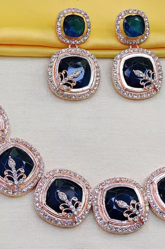 Blue rose gold premium designer american diamond and stone work necklace set