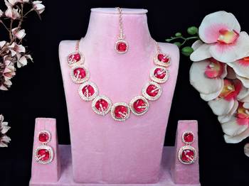 Pink rose gold premium designer american diamond and stone work necklace set 1