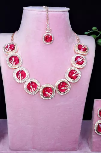 Pink rose gold premium designer american diamond and stone work necklace set