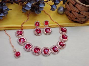 Pink rose gold premium designer american diamond and stone work necklace set 2