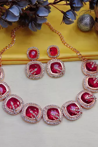 Pink rose gold premium designer american diamond and stone work necklace set