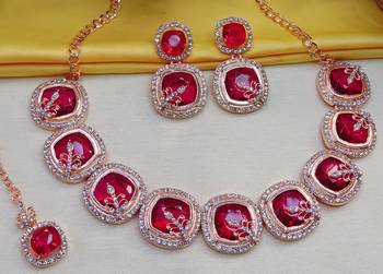 Pink rose gold premium designer american diamond and stone work necklace set 3