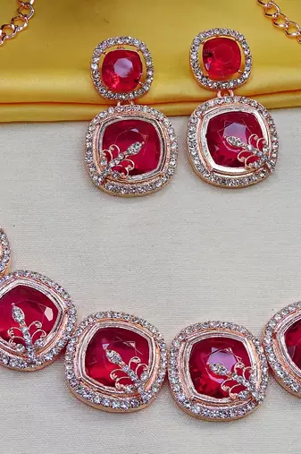 Pink rose gold premium designer american diamond and stone work necklace set