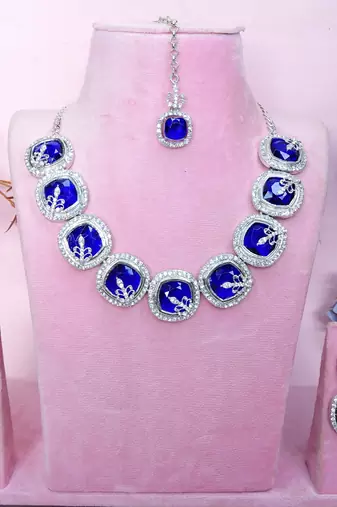 Blue rhodium premium designer american diamond and stone work necklace set