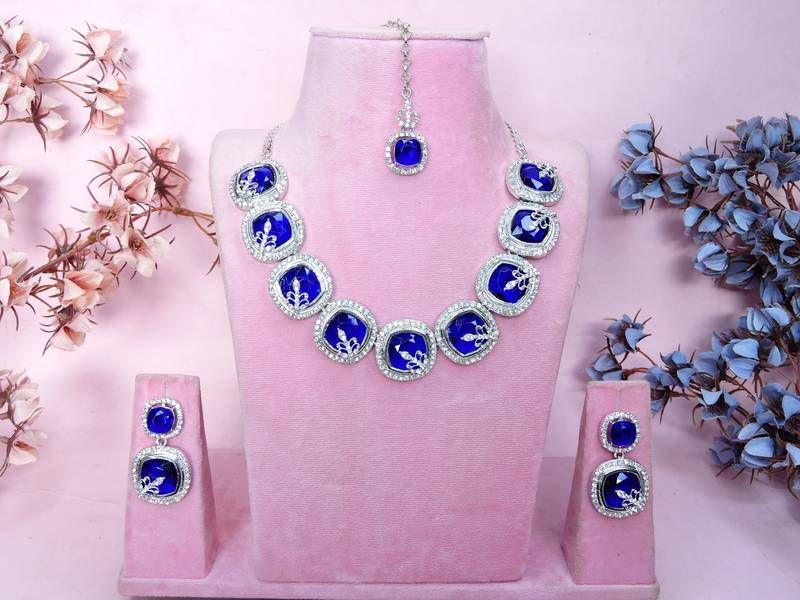Blue rhodium premium designer american diamond and stone work necklace set