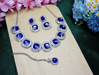 Blue rhodium premium designer american diamond and stone work necklace set 2