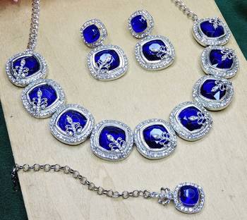 Blue rhodium premium designer american diamond and stone work necklace set 3