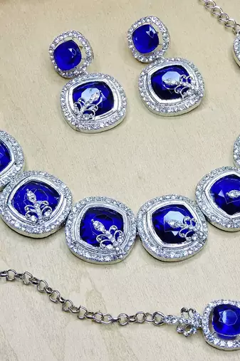 Blue rhodium premium designer american diamond and stone work necklace set
