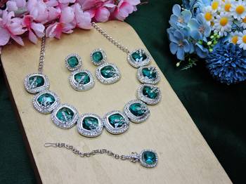Green rhodium premium designer american diamond and stone work necklace set 2