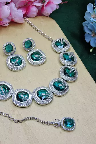 Green rhodium premium designer american diamond and stone work necklace set