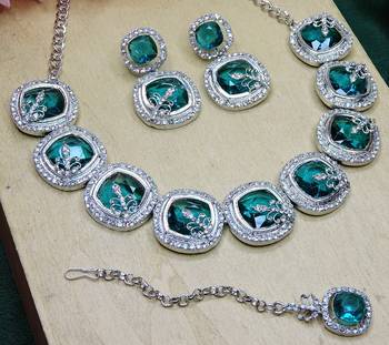 Green rhodium premium designer american diamond and stone work necklace set 3
