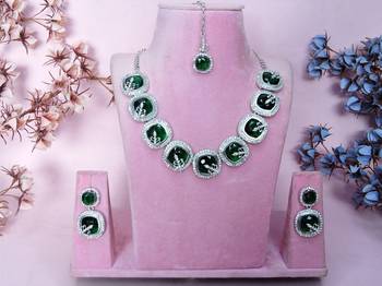 Green rhodium premium designer american diamond and stone work necklace set 1
