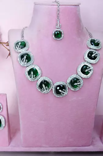 Green rhodium premium designer american diamond and stone work necklace set